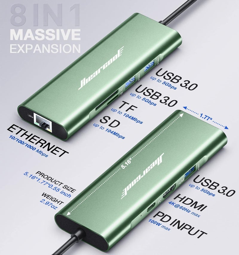 Hiearcool USB C Hub, 8 in 1 USB C Hub Multi-Port Adapter with Gigabit Ethernet, USB C to 4K@60Hz HDMI Dock Dongle for MacBook Pro Air M1 M2 and Type C Laptops-Green - Image 5